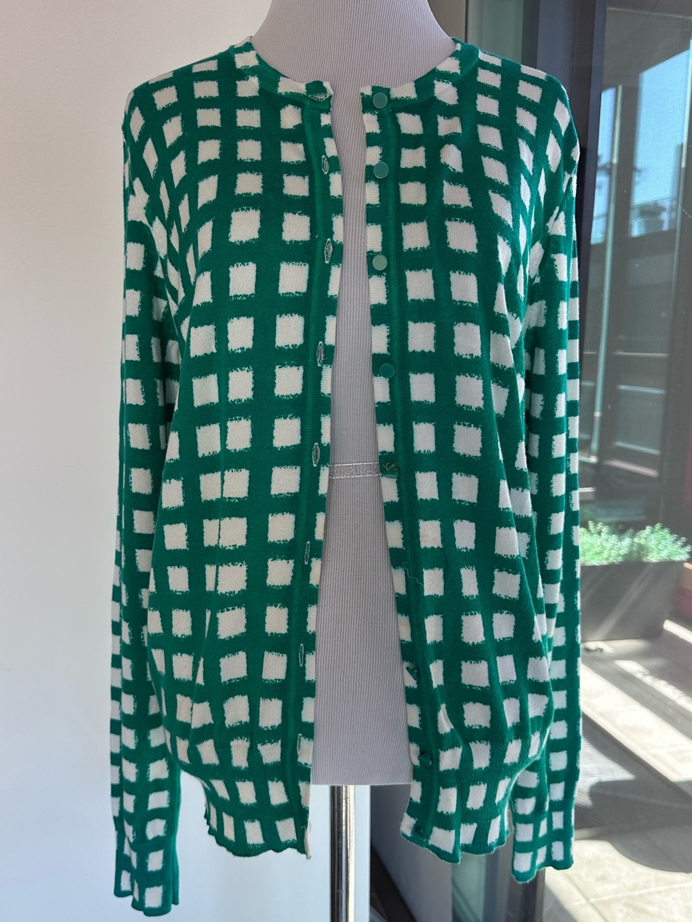 Covington Green and White Checked Button-Front Cardigan